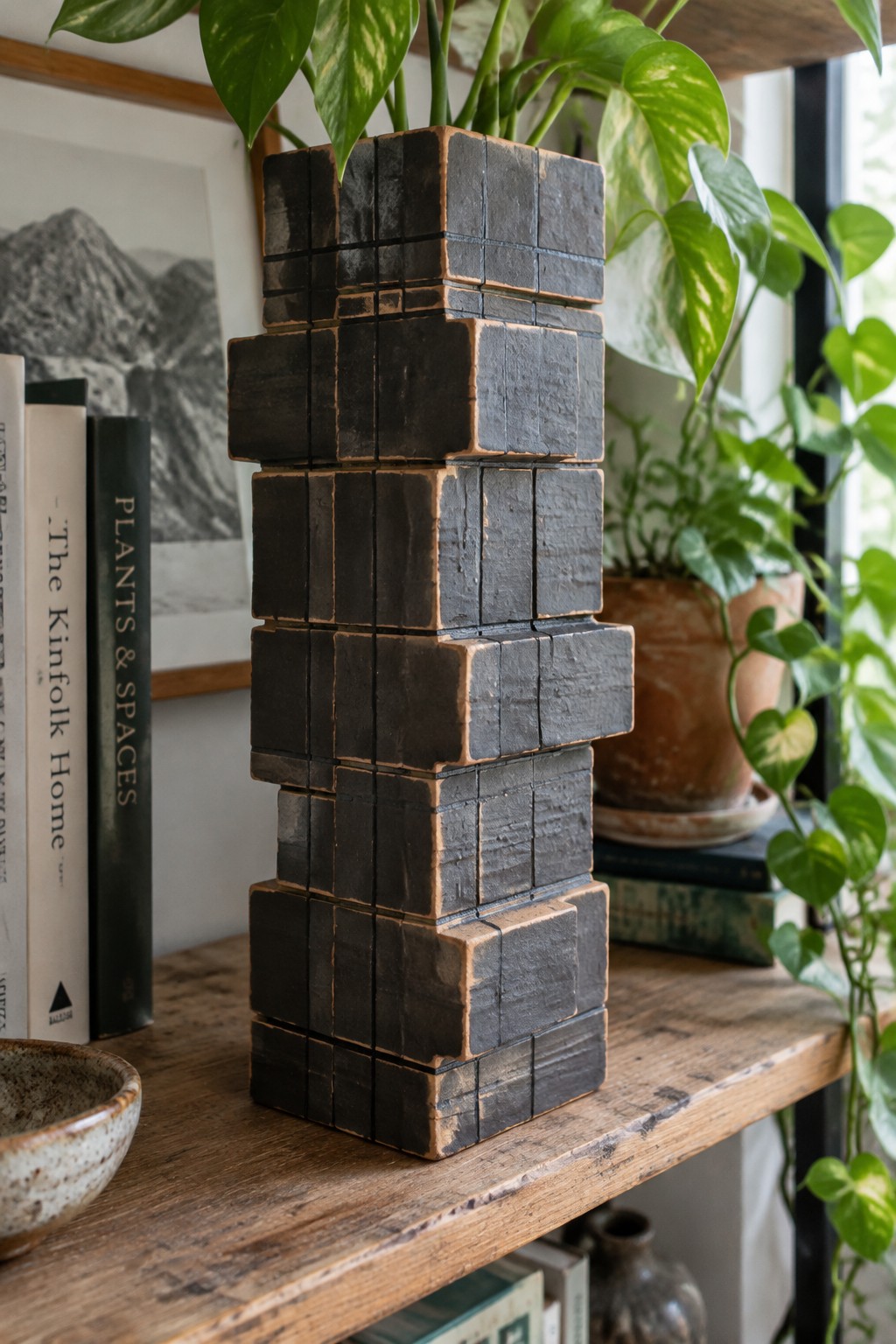 Dark stacked cube vase with green plant on wooden shelf beside books