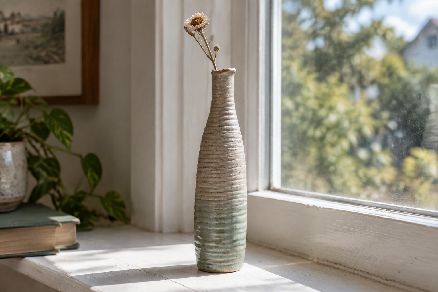 Ribbed ceramic vase with dried flowers on sunlit white windowsill.