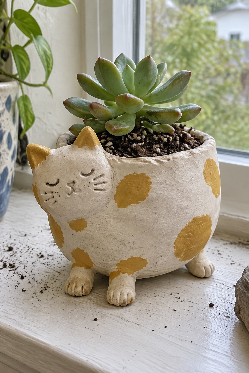Cat-shaped white planter with yellow polka dots holding green succulent on windowsill