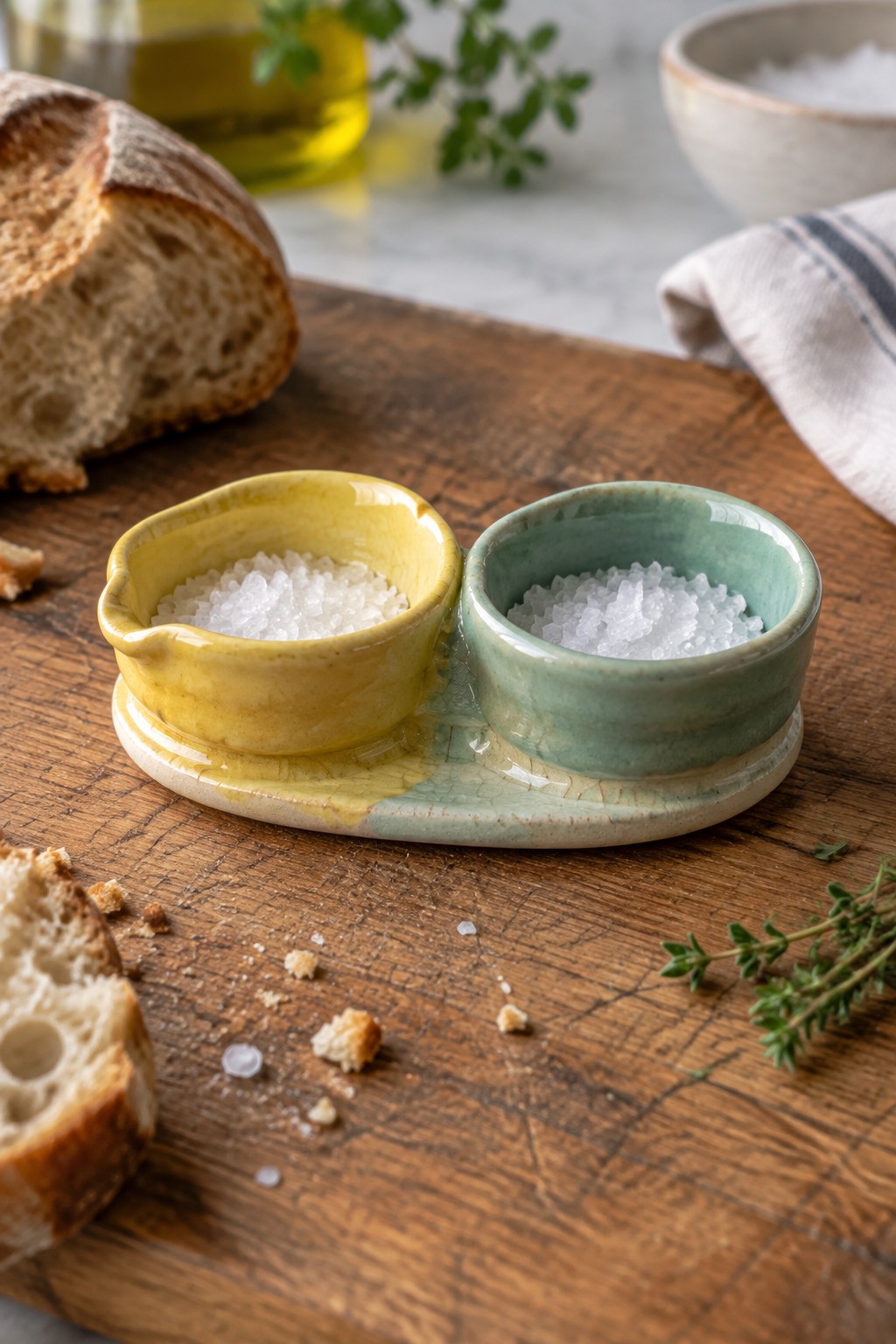 Yellow and green double ceramic salt bowls on wooden board with bread and thyme.
