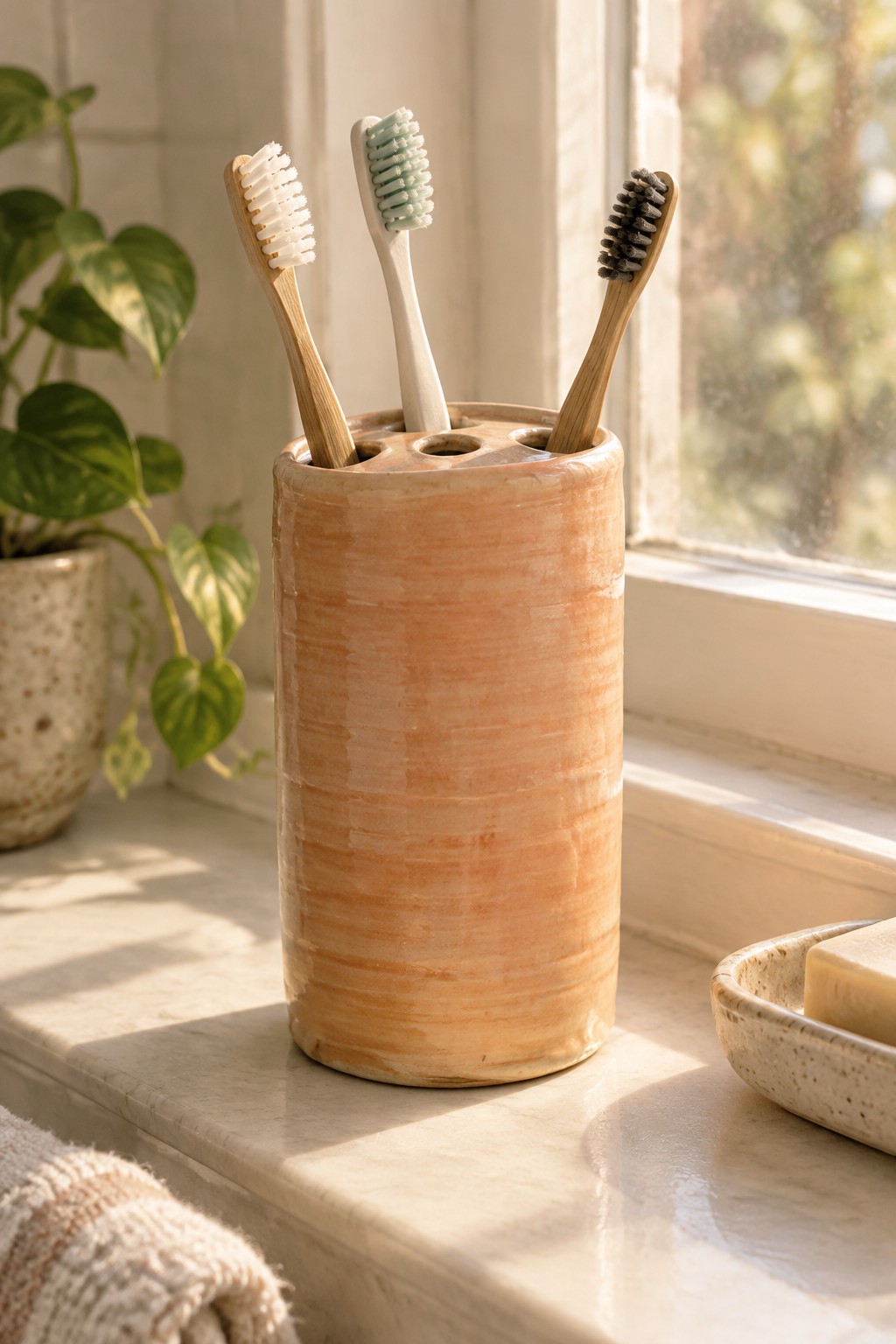 Peach ceramic holder with three bamboo toothbrushes on a sunlit marble windowsill