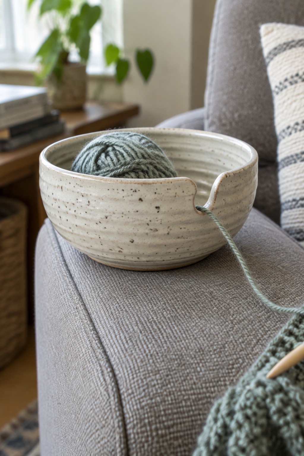 Speckled ceramic yarn bowl with green yarn on gray couch beside knitting needle