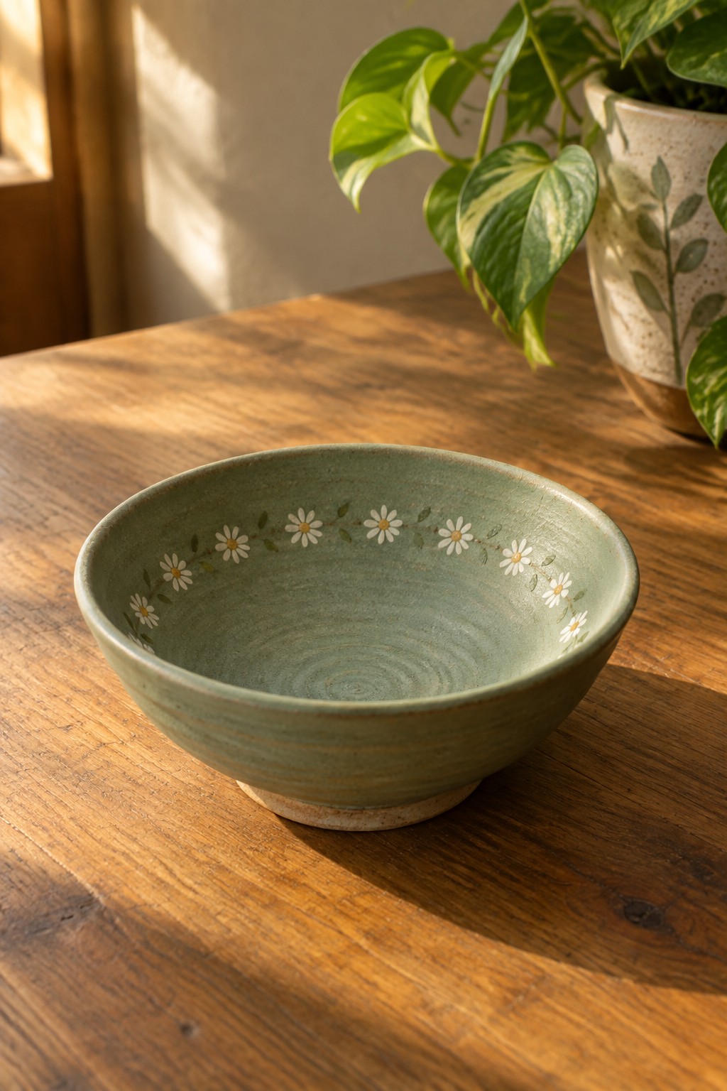 Green ceramic bowl with daisy pattern on wooden table beside potted plant