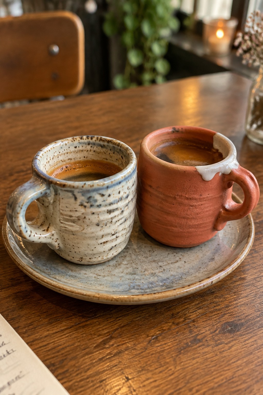 Two ceramic espresso cups on a plate atop a wooden cafe table