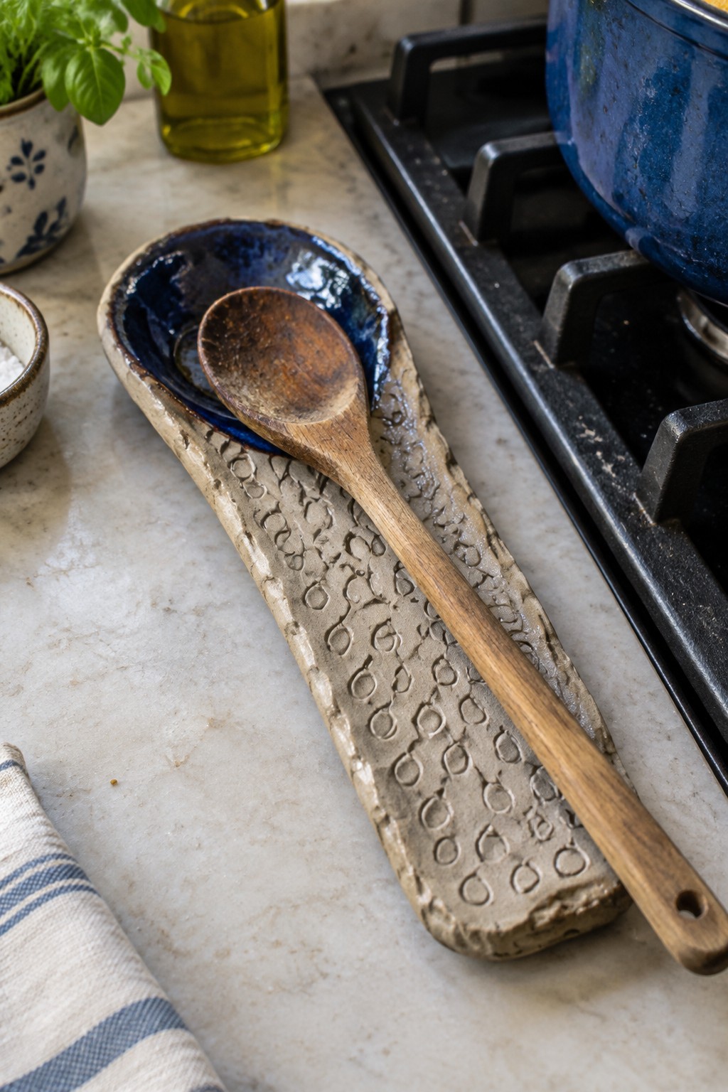 Wooden spoon on textured ceramic rest beside blue pot on black stovetop