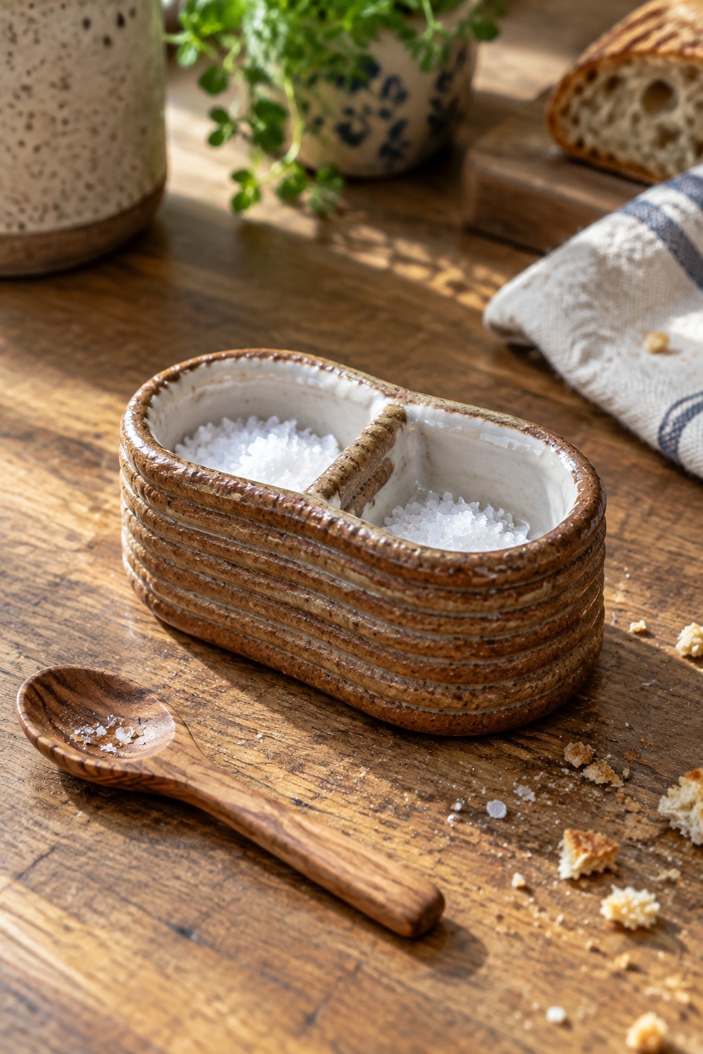 Ribbed brown ceramic salt cellar with white salt and wooden spoon on table