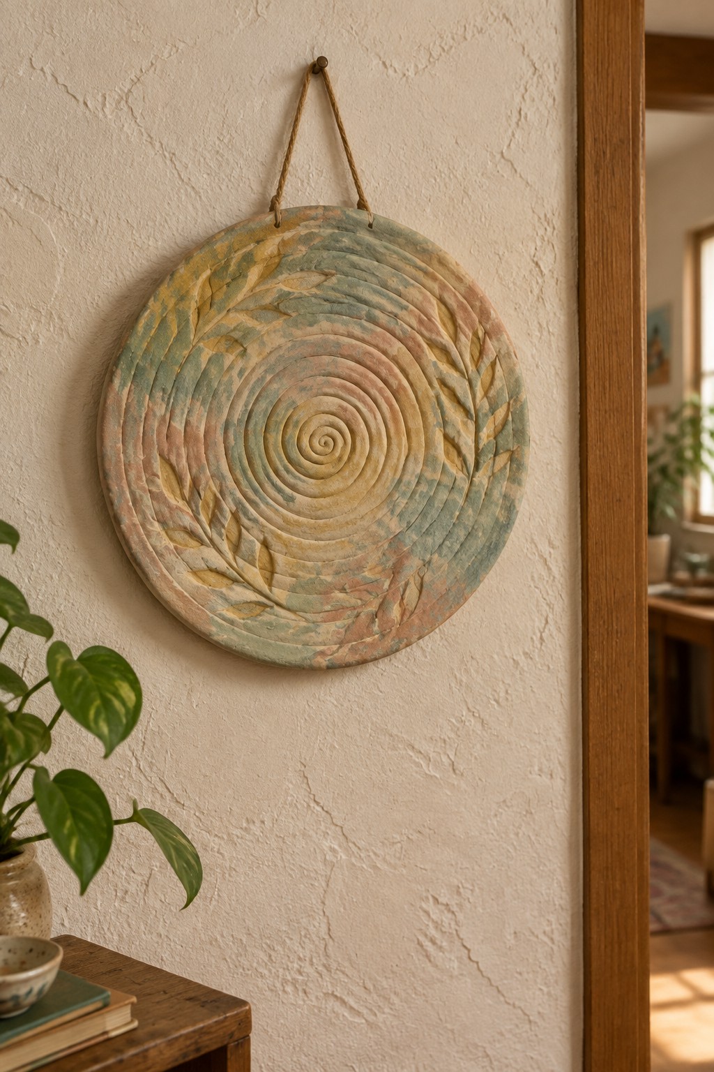 A round coil-built pottery wall hanging with a spiral pattern and leaf motifs hangs on a textured wall above a wooden table.