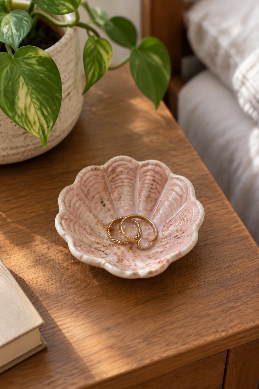 Pink seashell dish holding gold rings on sunlit wooden table with plant
