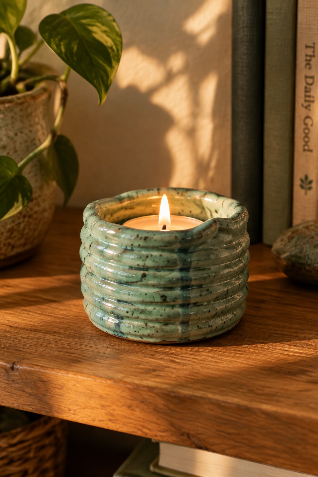Lit candle in ribbed turquoise ceramic holder on wooden table with plant and books