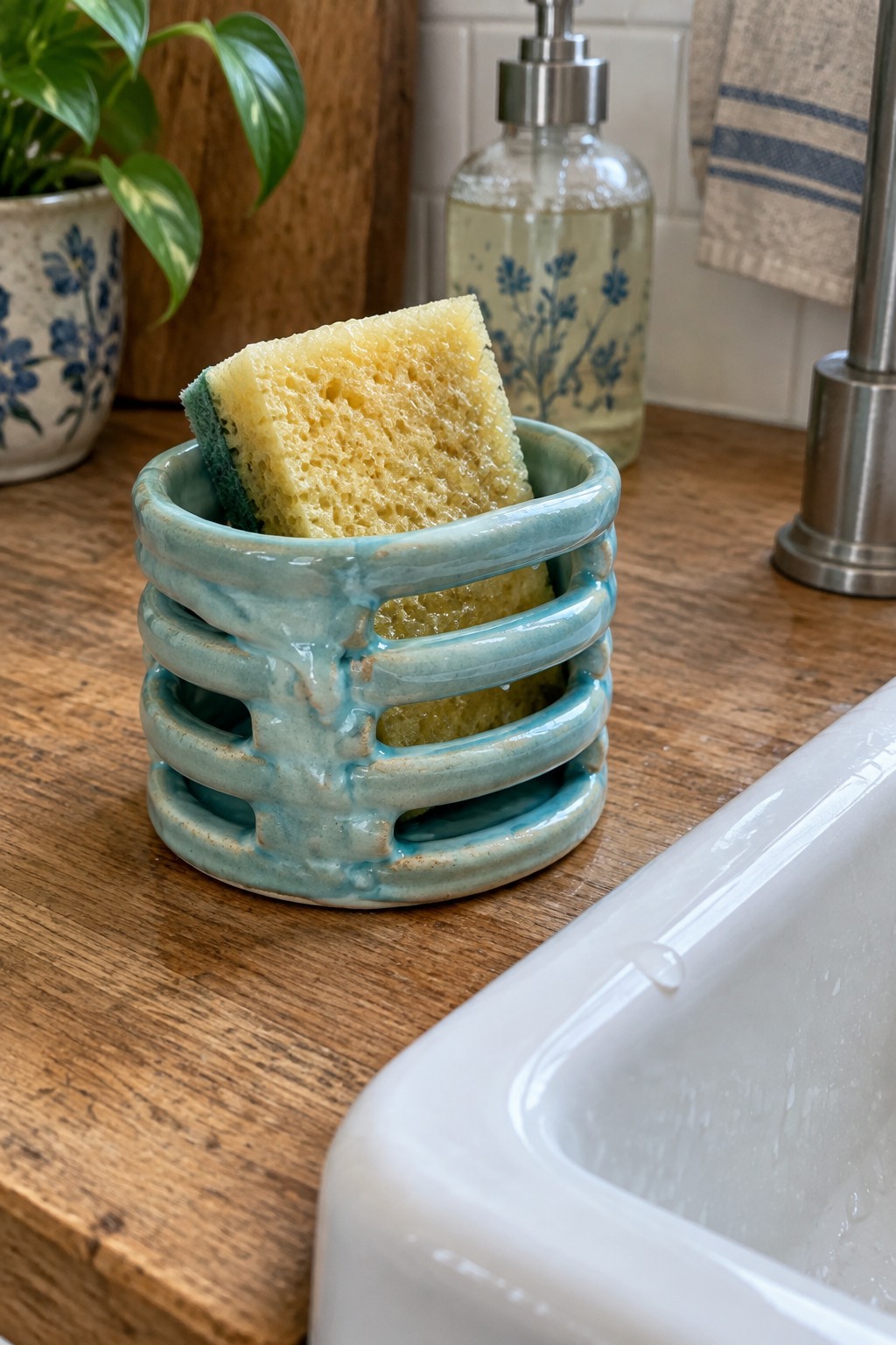 Yellow sponge in turquoise slotted ceramic holder on wooden counter near sink.