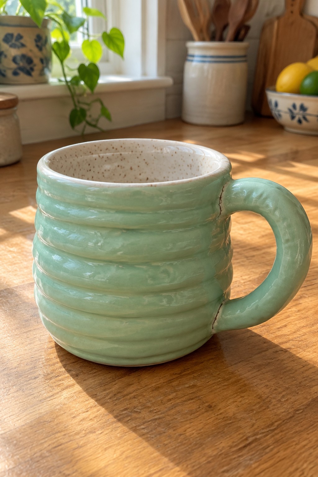 Mint green ribbed ceramic mug on sunlit wooden kitchen countertop