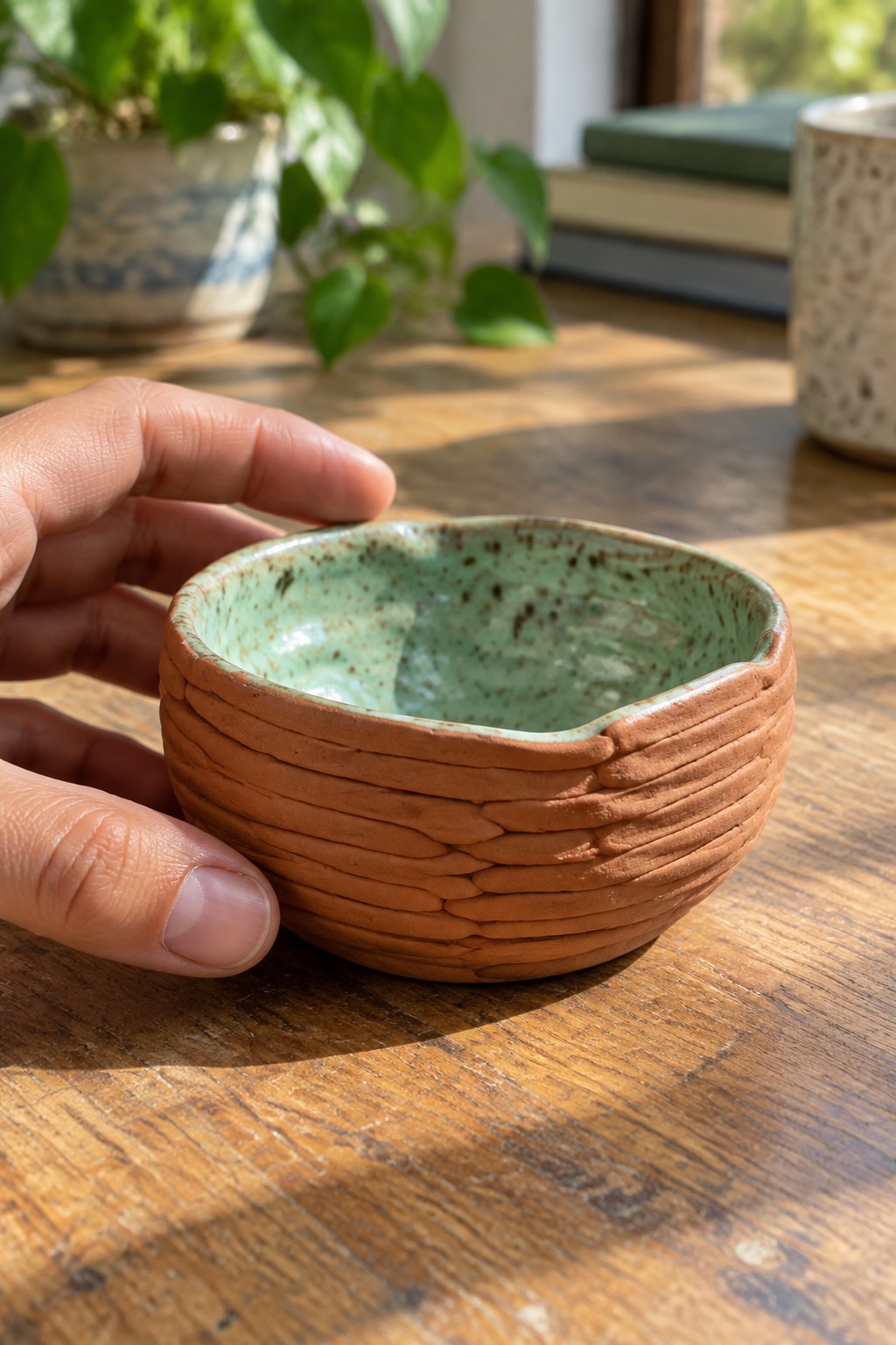 Hand holding textured terracotta bowl with speckled green interior on wood