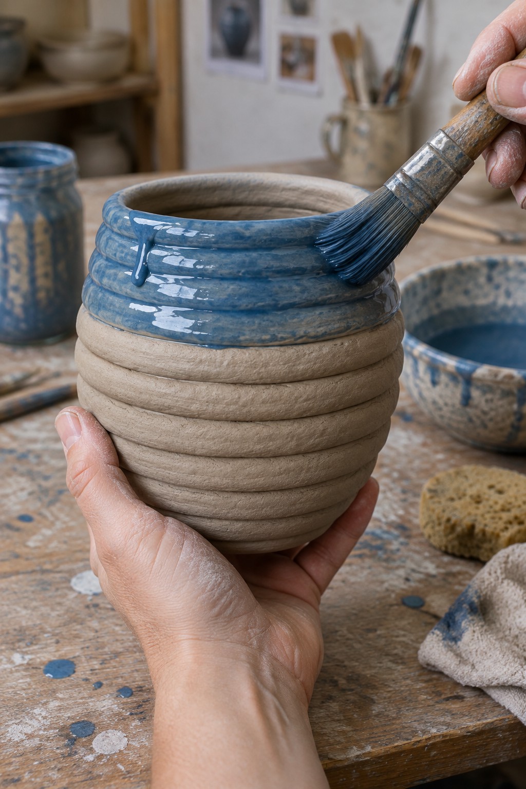 Hands steady coiled clay pot as brush applies dripping blue glaze in studio