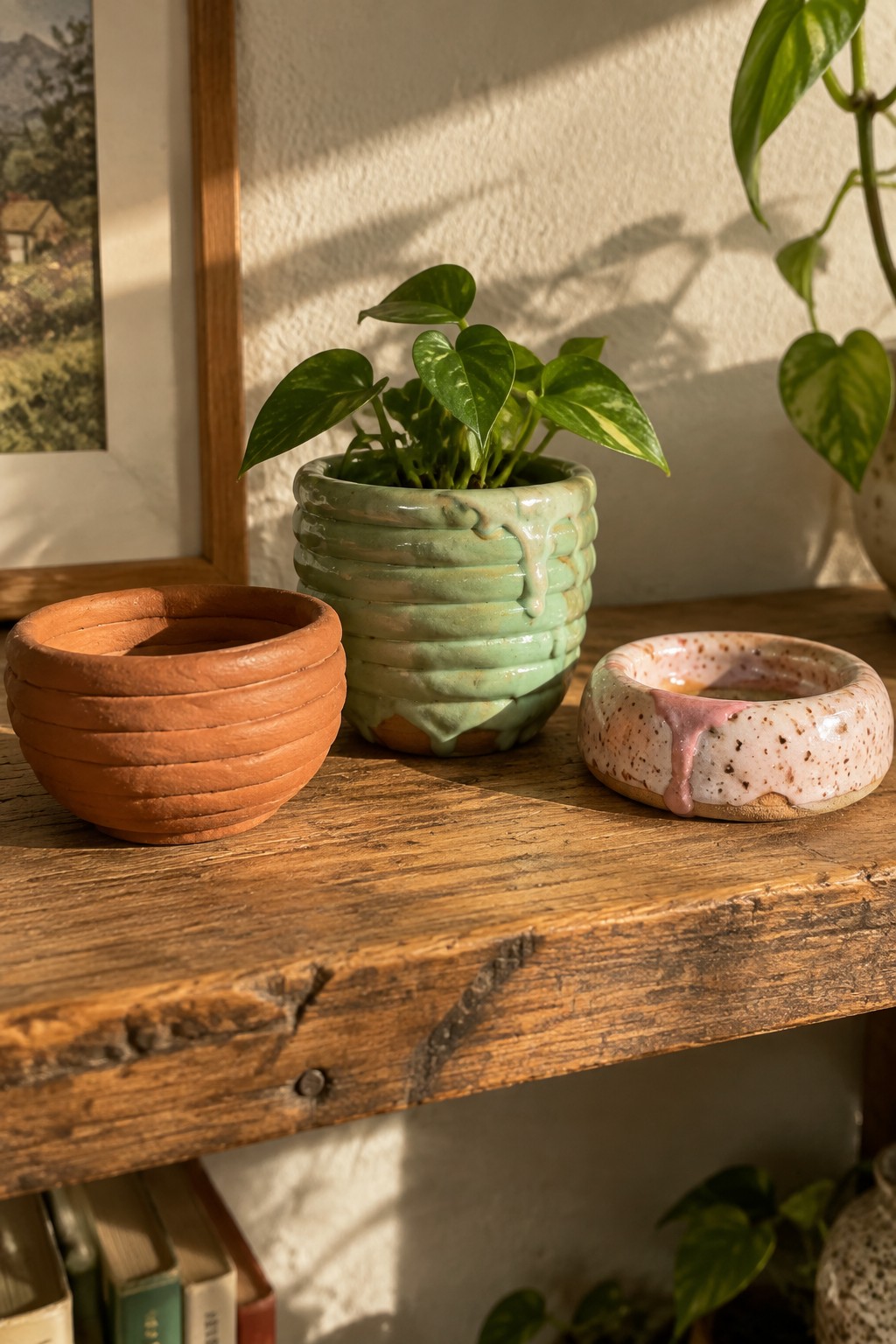 Three ceramic pots on wooden shelf, green one with leafy plant in sunlight