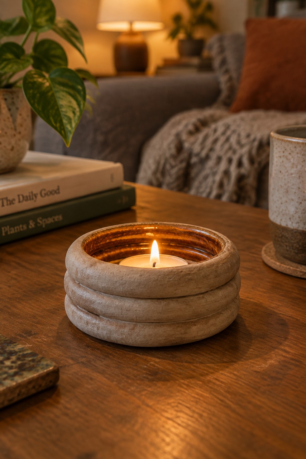 Lit candle in stacked ceramic holder on wooden table with books and plant