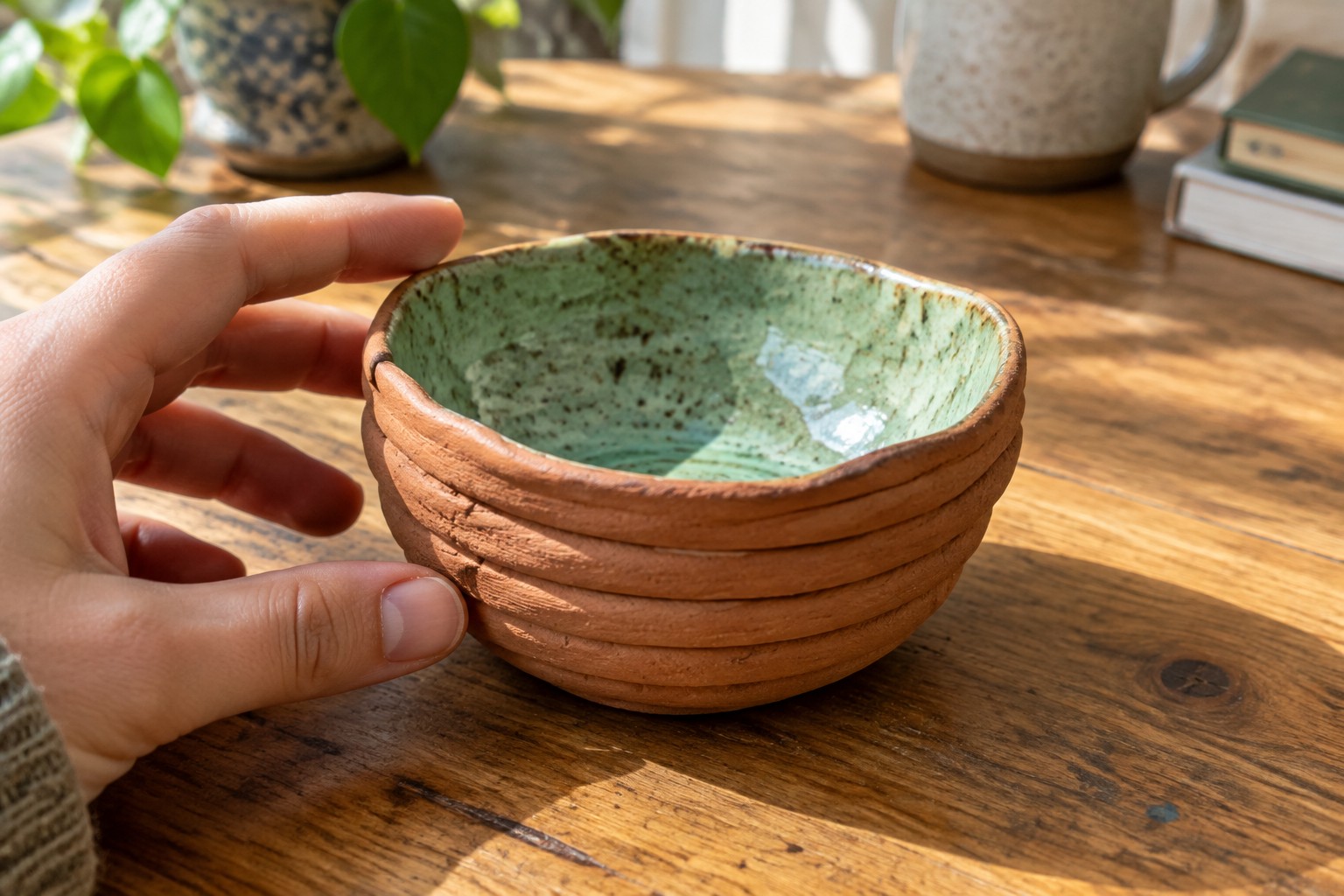 Hand holding textured terracotta bowl with speckled green interior on wood