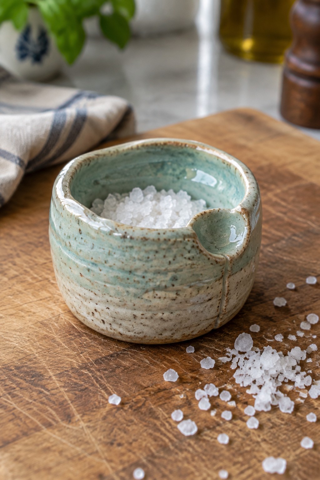 Speckled turquoise ceramic bowl of coarse salt on wooden cutting board with spills