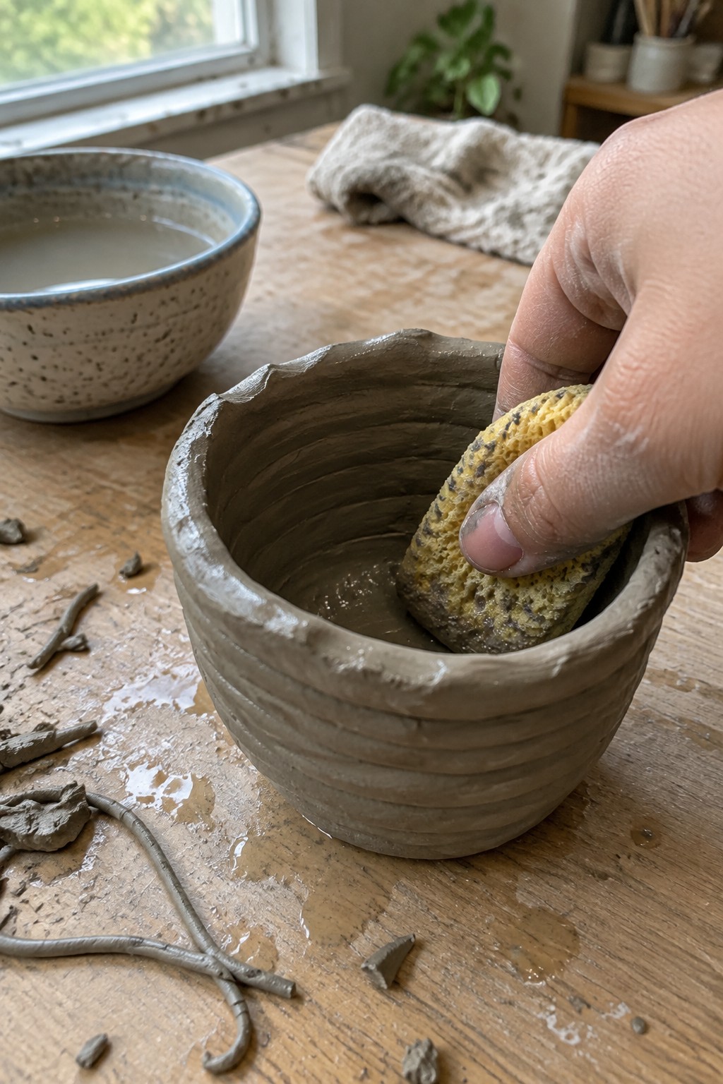 Hand sponging wet clay interior of small pot on wooden pottery table