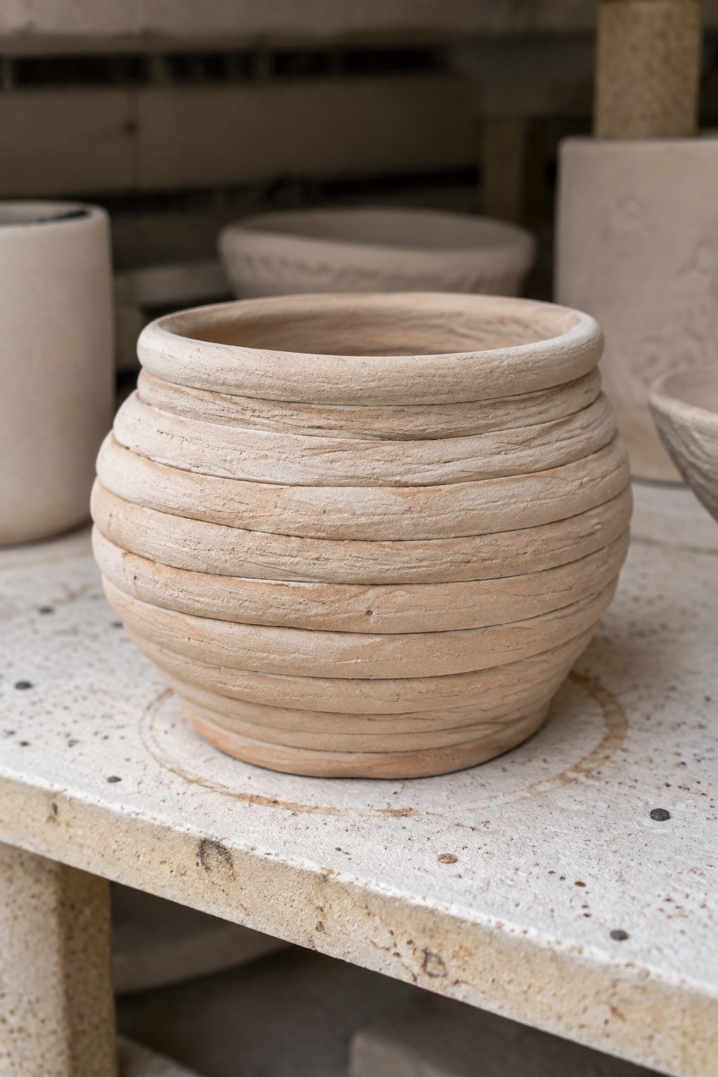 Coiled beige clay pot with horizontal ridges on a speckled workshop table