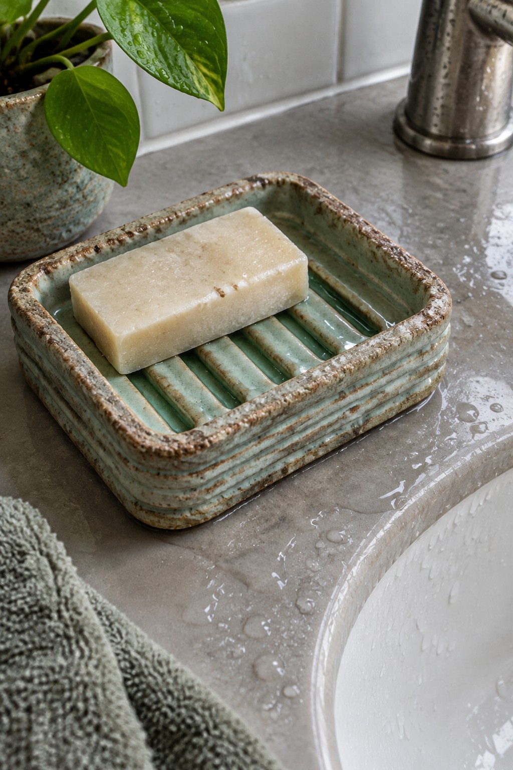 Bar of soap in ridged green ceramic dish on wet gray bathroom counter