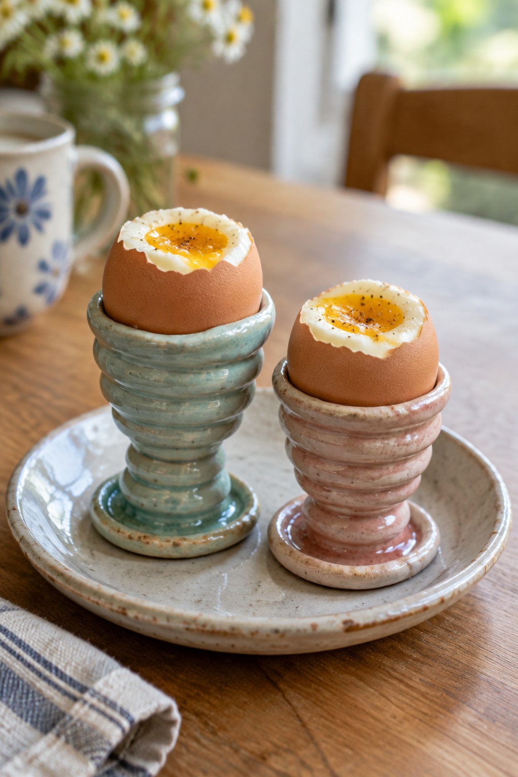 Two soft-boiled eggs in turquoise and pink ceramic cups on a wooden table