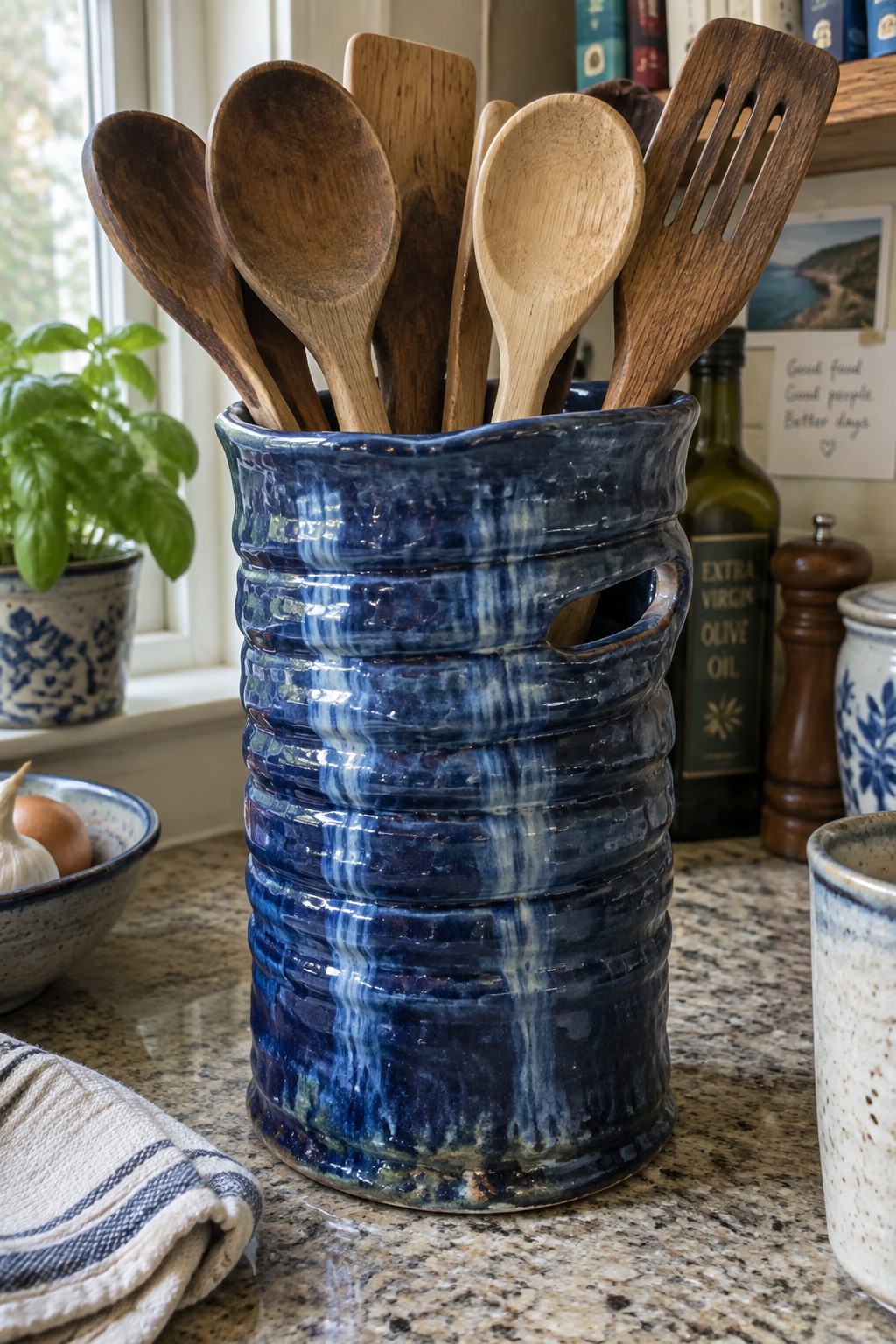 Blue ceramic crock filled with wooden spoons and spatulas on kitchen counter