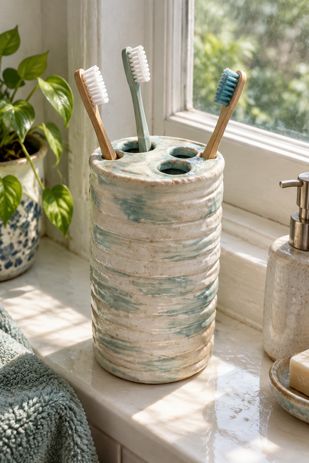 Ribbed ceramic toothbrush holder with three brushes on sunlit marble windowsill