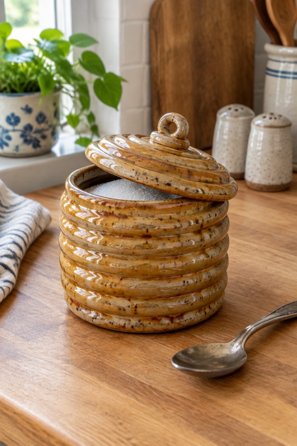Brown glazed ribbed ceramic sugar jar with lid open on wooden counter beside spoon