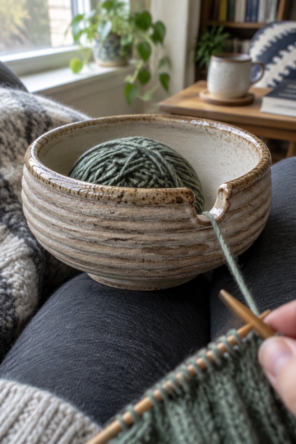 Hands knitting green yarn from a ribbed ceramic bowl on a lap