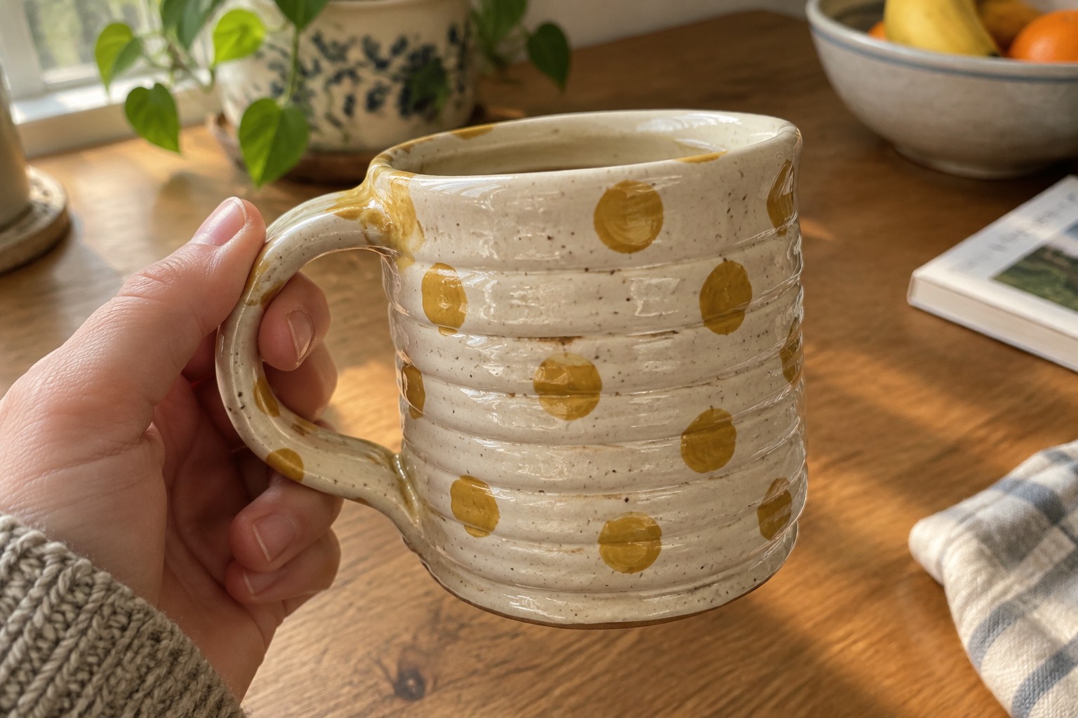 Hand in cream knit sweater holding ridged beige mug with yellow polka dots