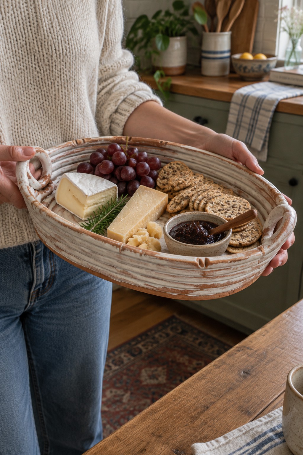 Person in cream sweater holding rustic tray with cheeses, grapes, crackers, and jam