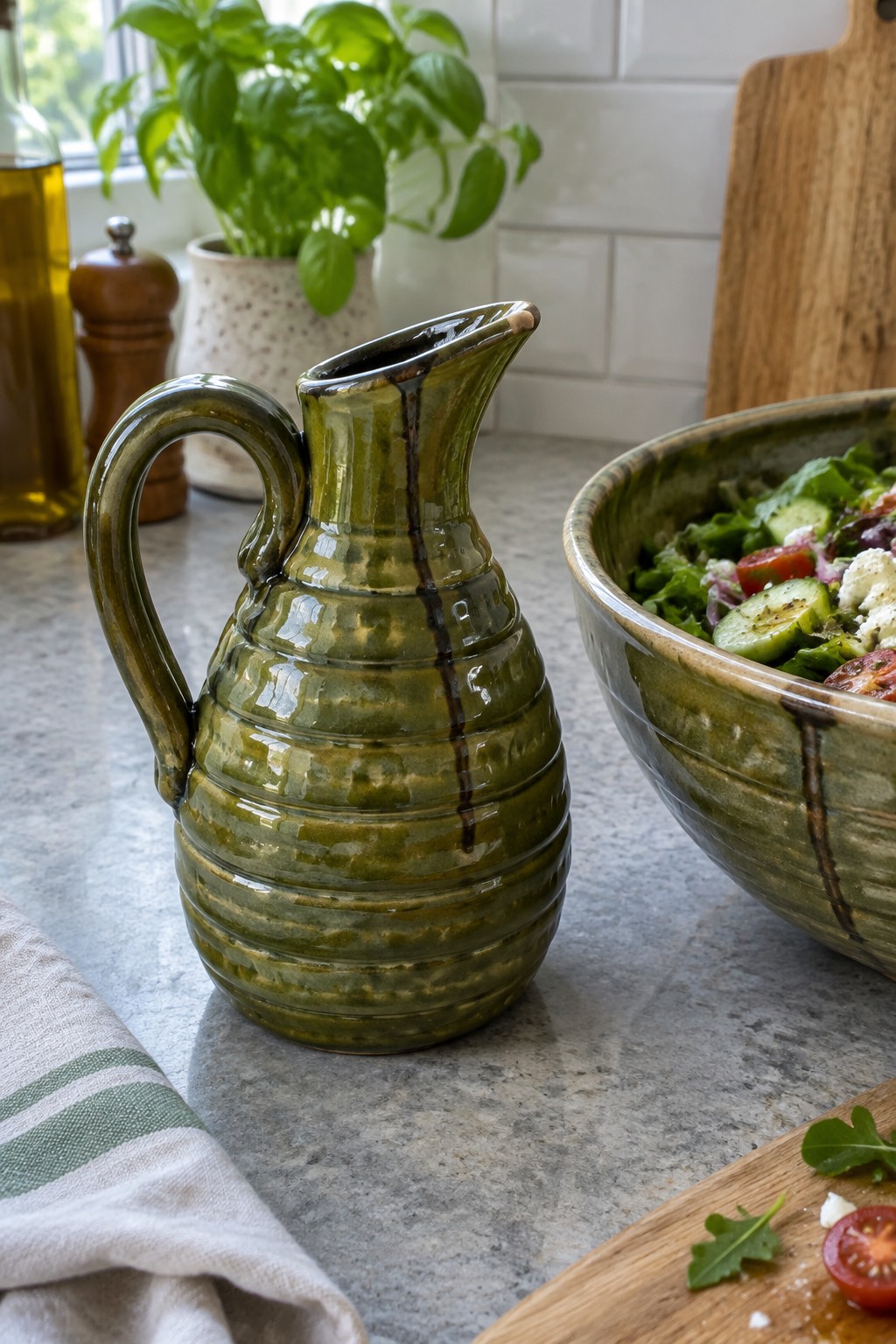 Green ceramic pitcher beside salad bowl on marble kitchen counter with basil