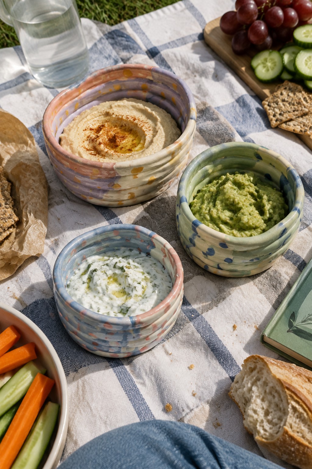 Assorted dips in colorful bowls on checkered picnic blanket with veggies, bread, and grapes