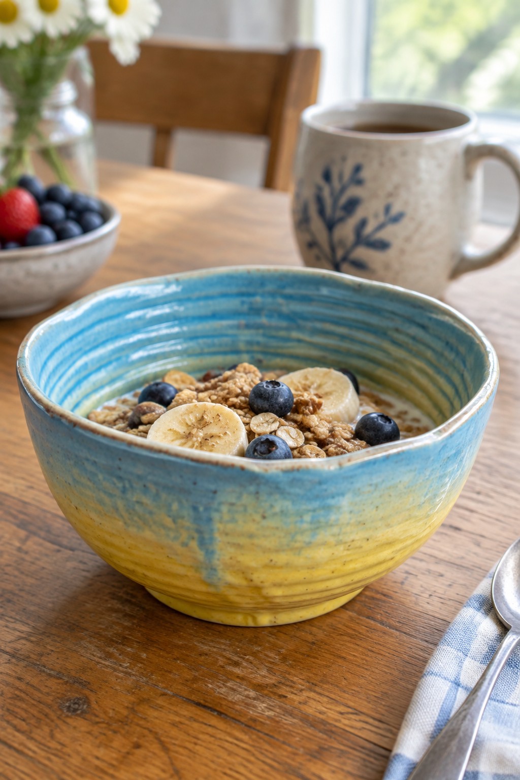 Blue and yellow bowl of granola topped with bananas and blueberries on wood table