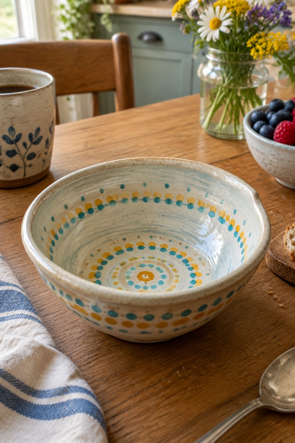 Ceramic bowl with blue and yellow dots on wooden table beside coffee mug and berries