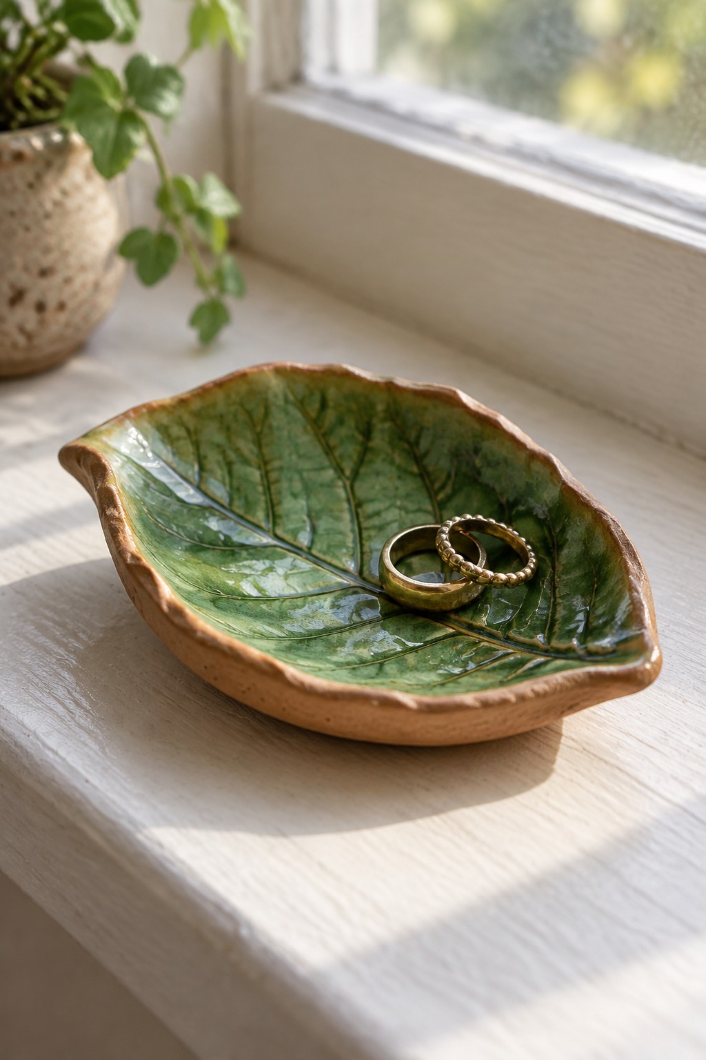 Green glazed ceramic leaf dish with two gold rings on sunny windowsill