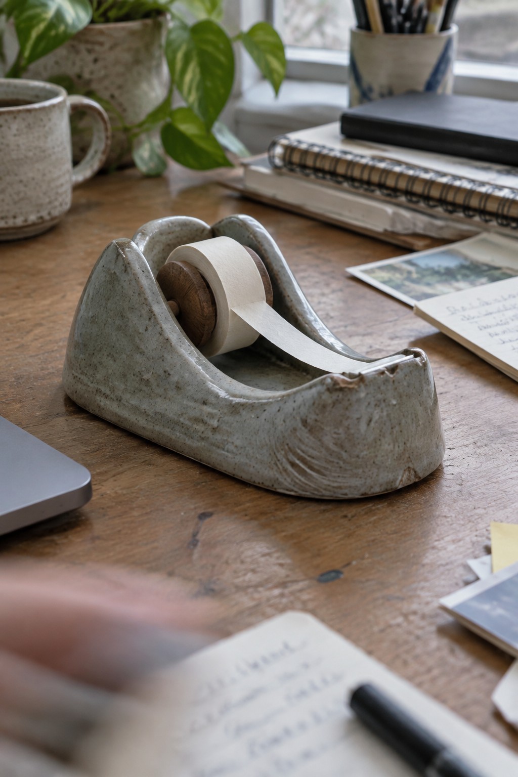 Ceramic tape dispenser on wooden desk amid plants, notebooks, and mug