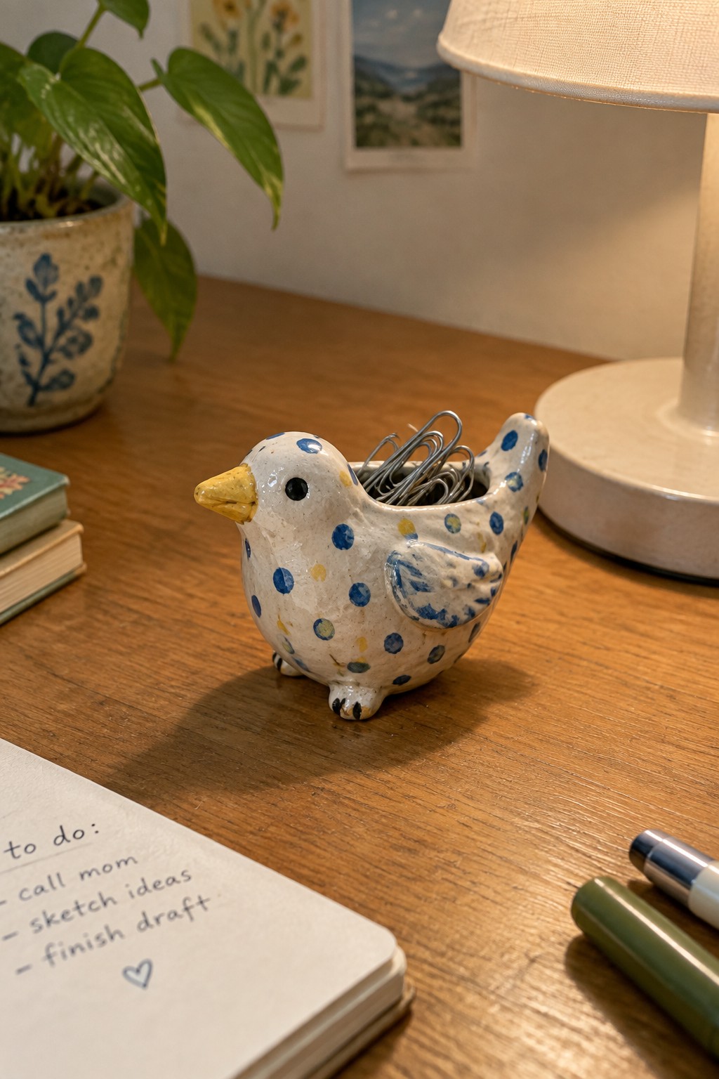 Blue and yellow polka-dotted ceramic bird holding paper clips on wooden desk