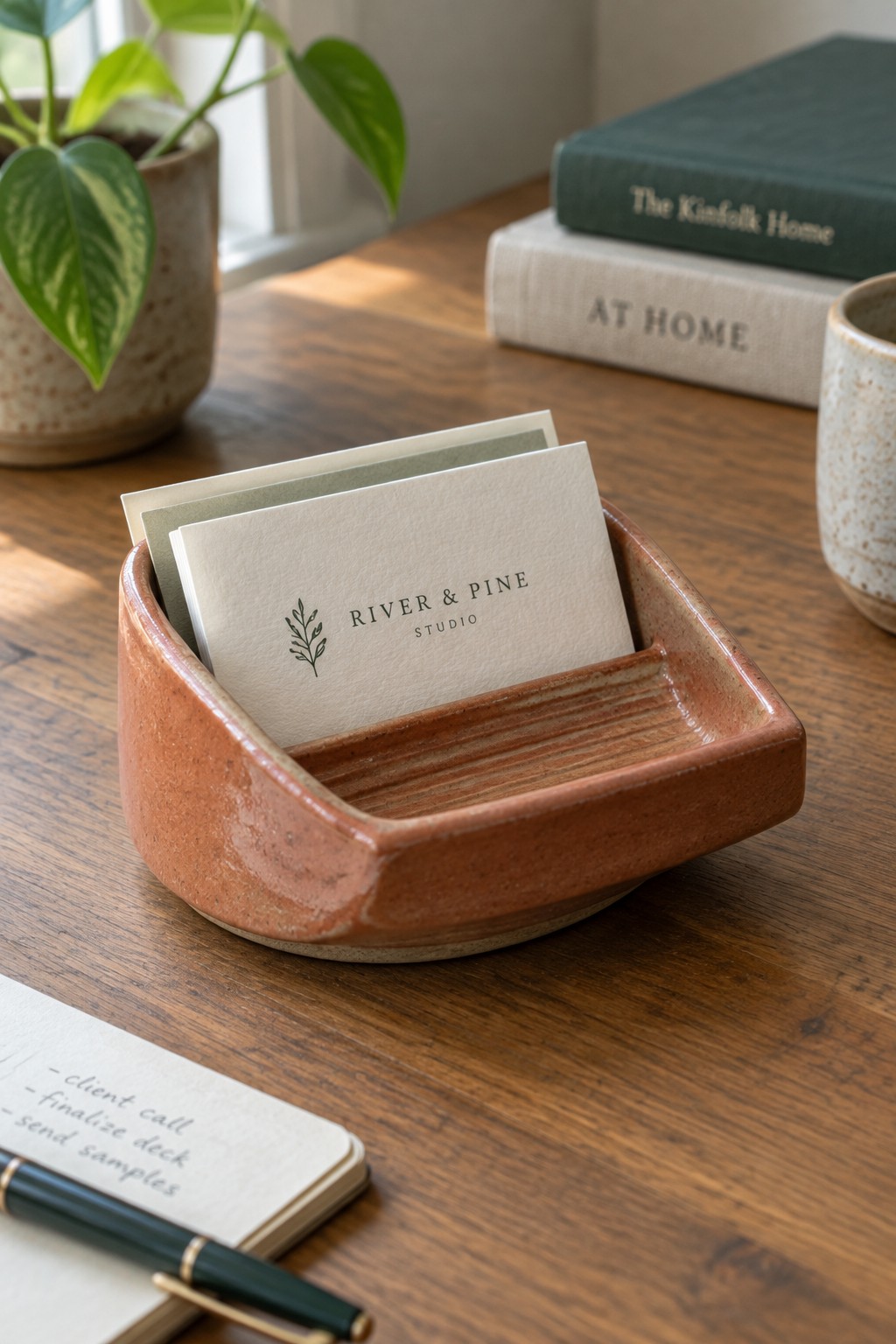 A small rectangular terracotta ceramic tray holding business cards sits on a wooden desk next to a notebook and pen.