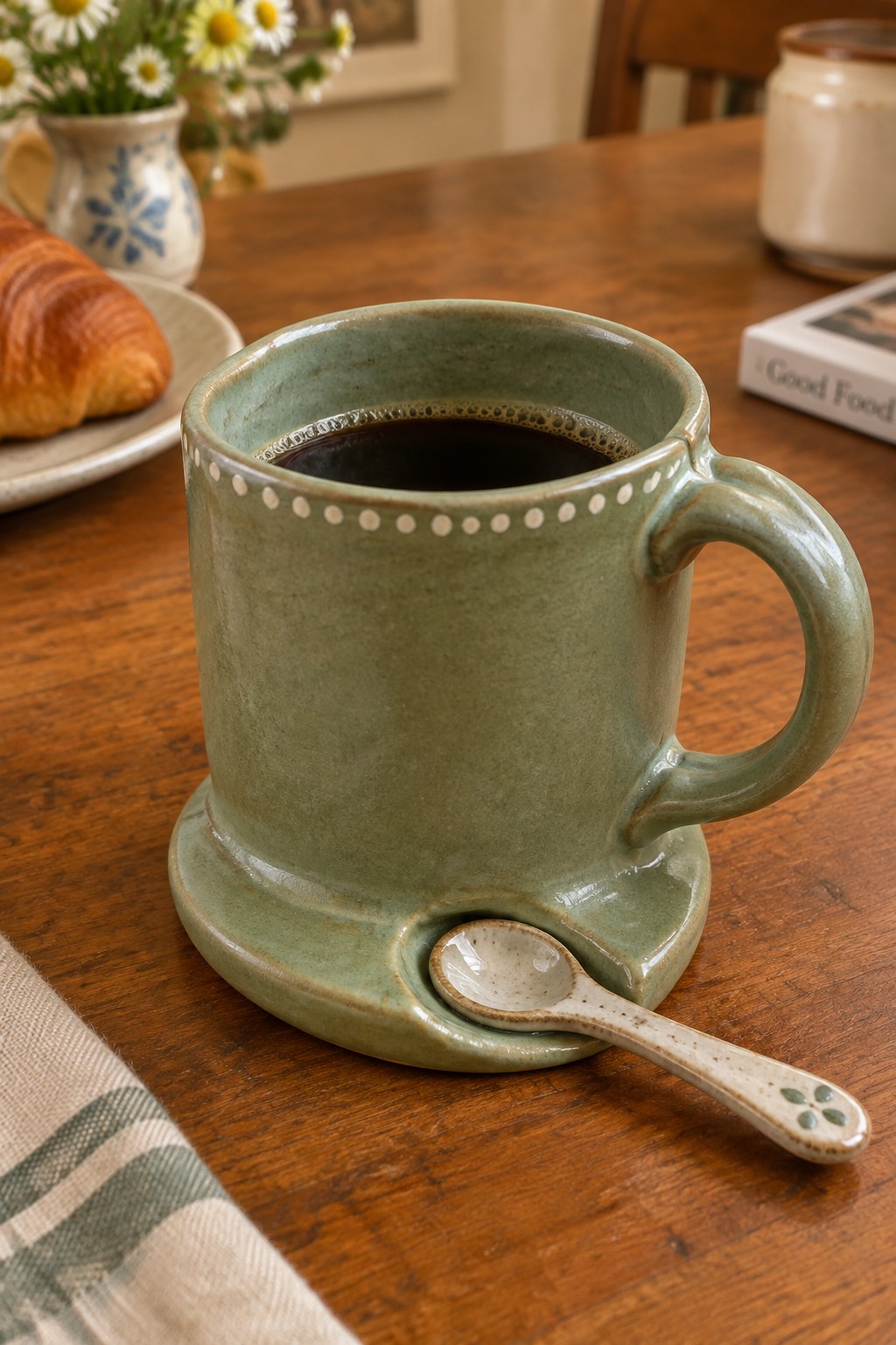 Green ceramic mug of coffee with spoon on matching saucer atop wooden table