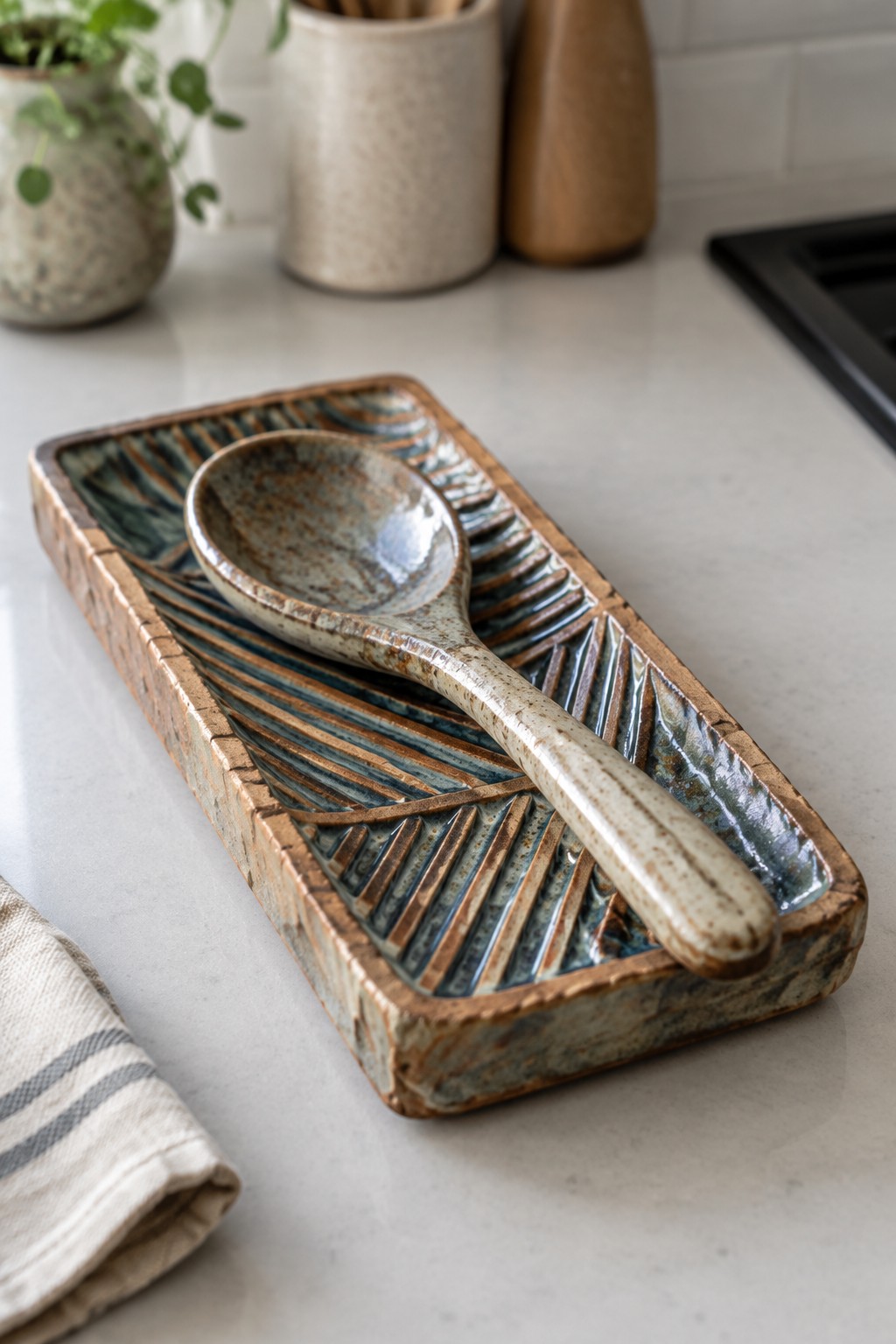 Ceramic spoon on blue-brown patterned rectangular tray atop white marble counter