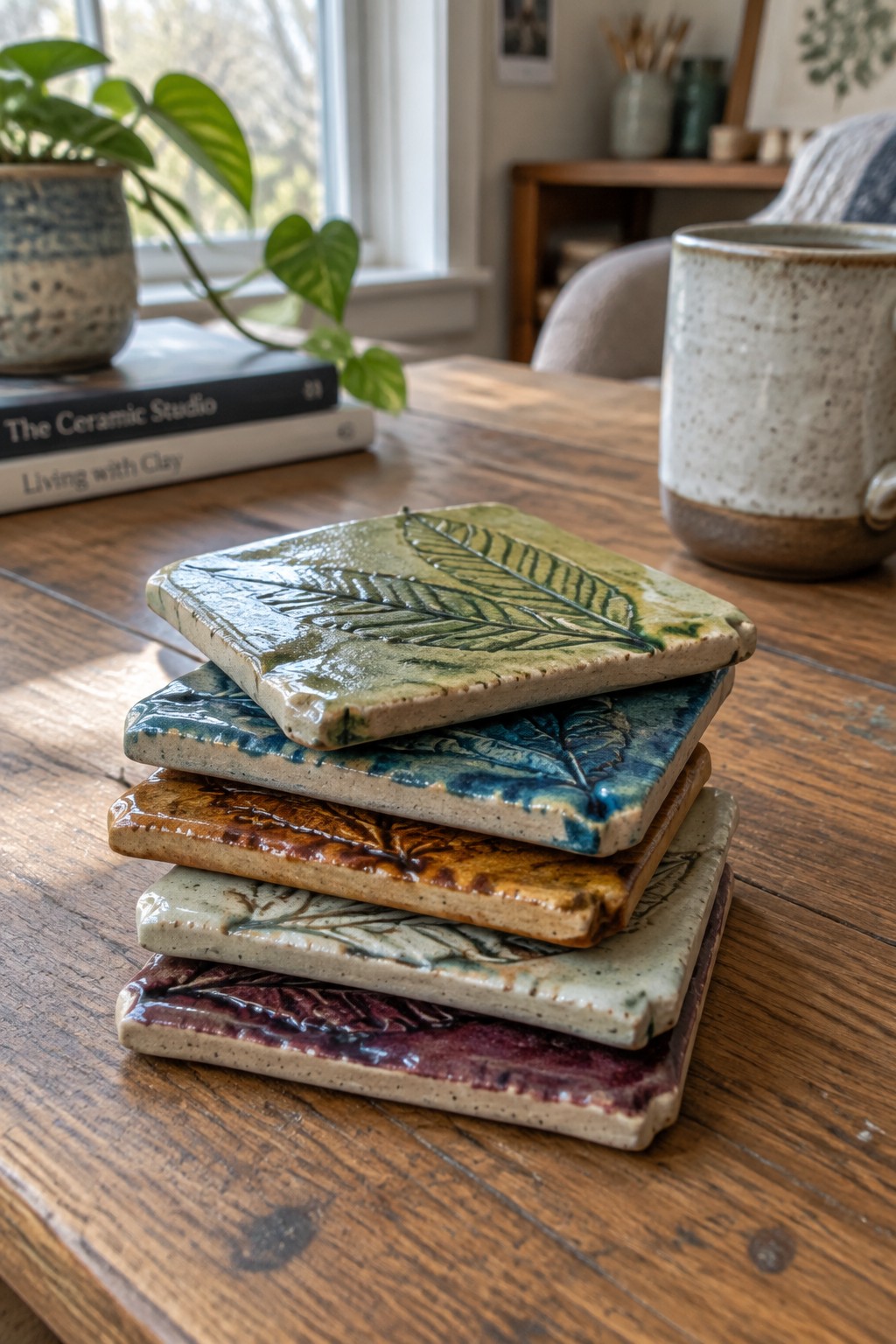 Stack of colorful ceramic tiles with embossed leaf designs on wooden table