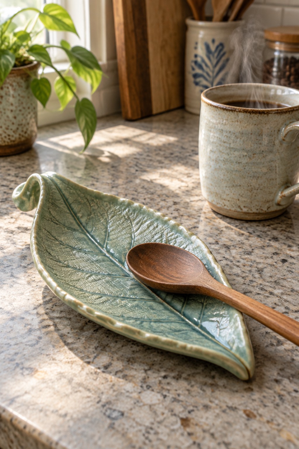 Green leaf-shaped ceramic dish with wooden spoon on marble countertop