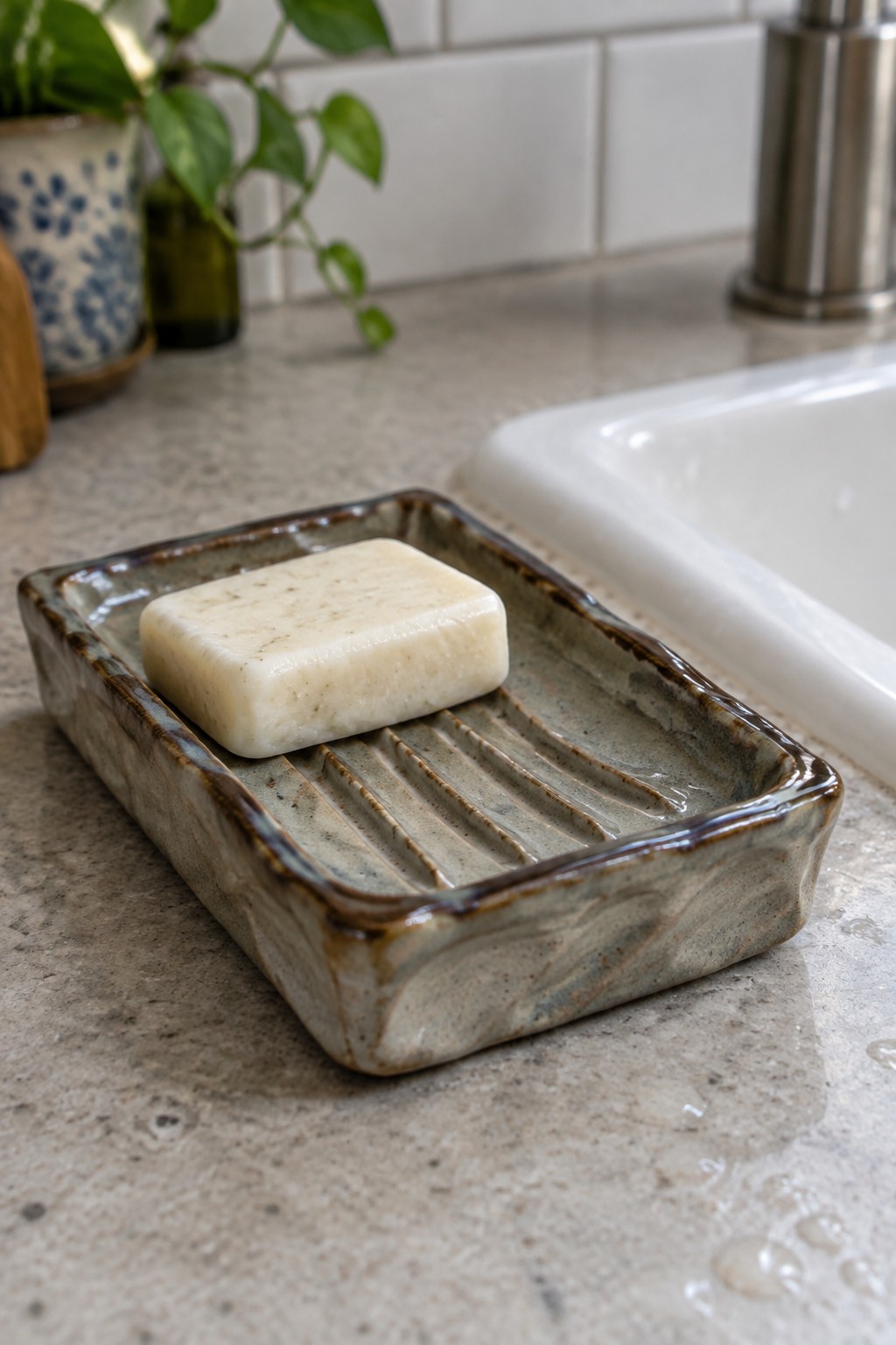 White soap bar on ribbed ceramic dish beside white sink on granite counter