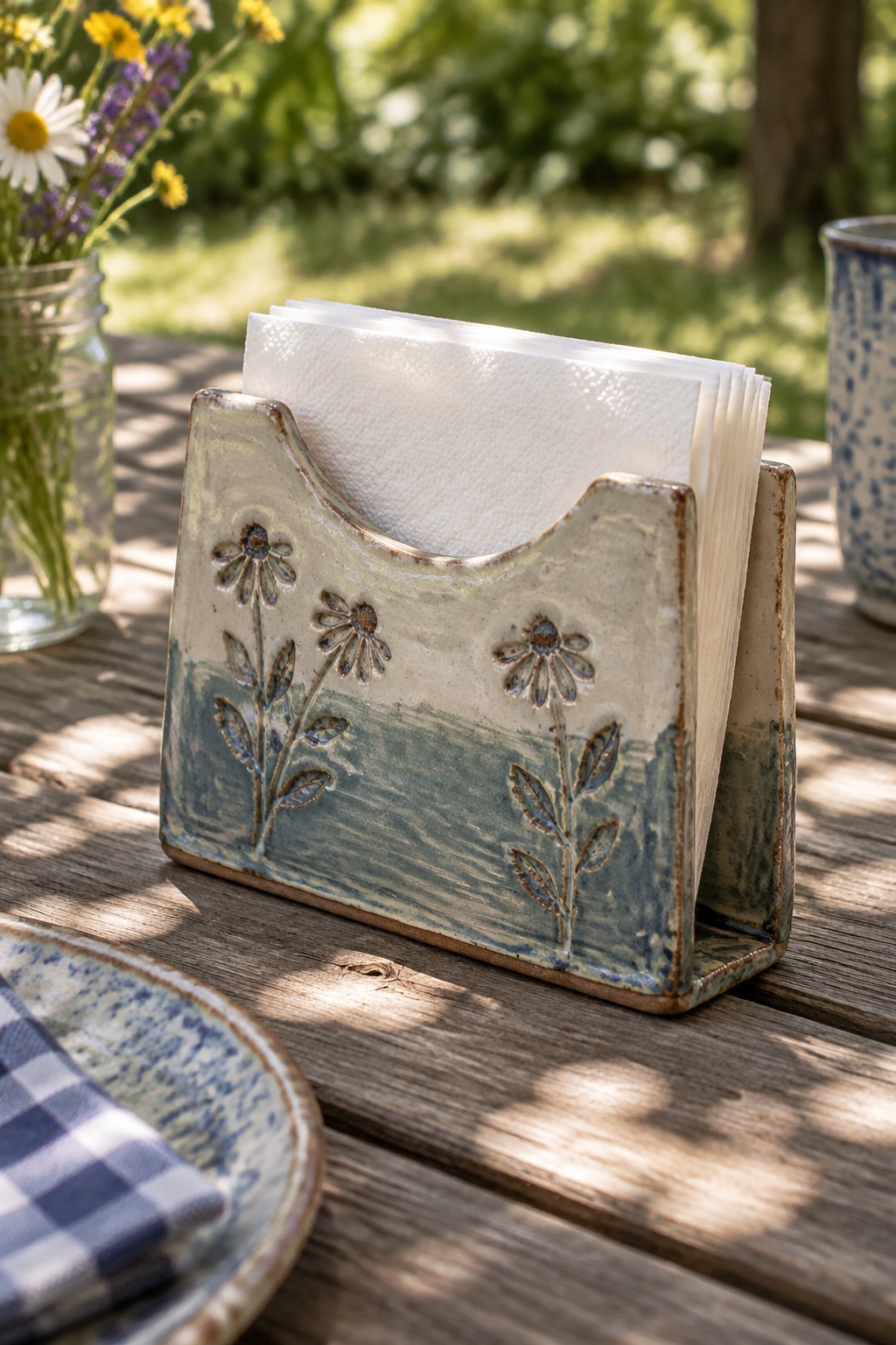 Rustic ceramic napkin holder with blue floral designs on wooden outdoor table