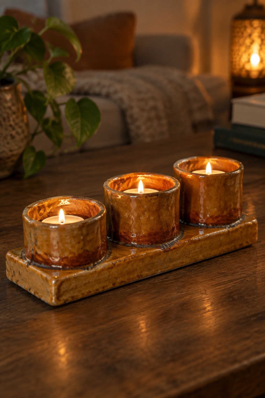 Three lit candles in rustic brown ceramic holders on wooden tray