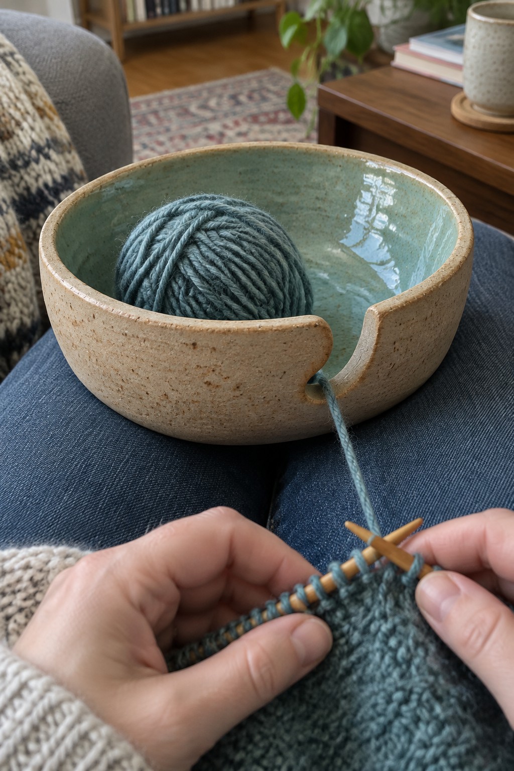 Hands knitting teal yarn from notched ceramic bowl on denim lap