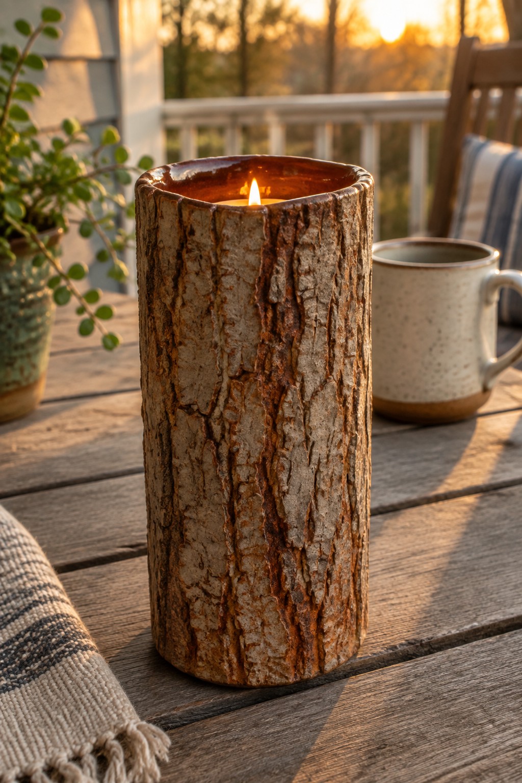 Lit candle in rustic bark-textured holder on wooden table at golden hour sunset