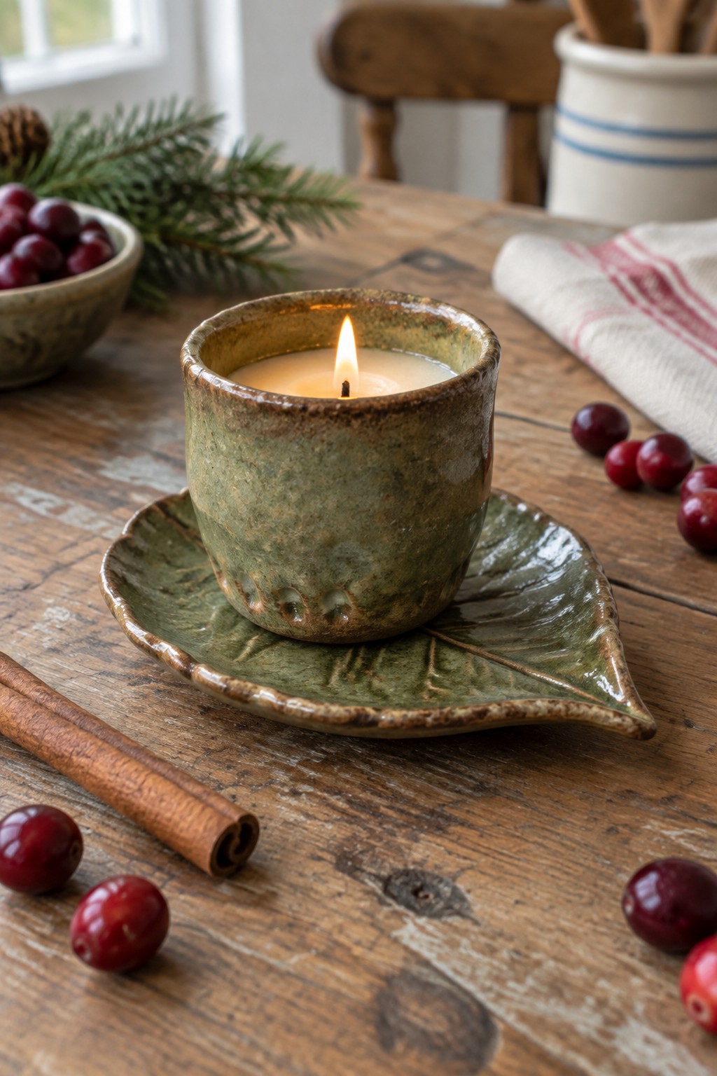 Lit green ceramic candle on leaf saucer with cranberries and cinnamon on wooden table