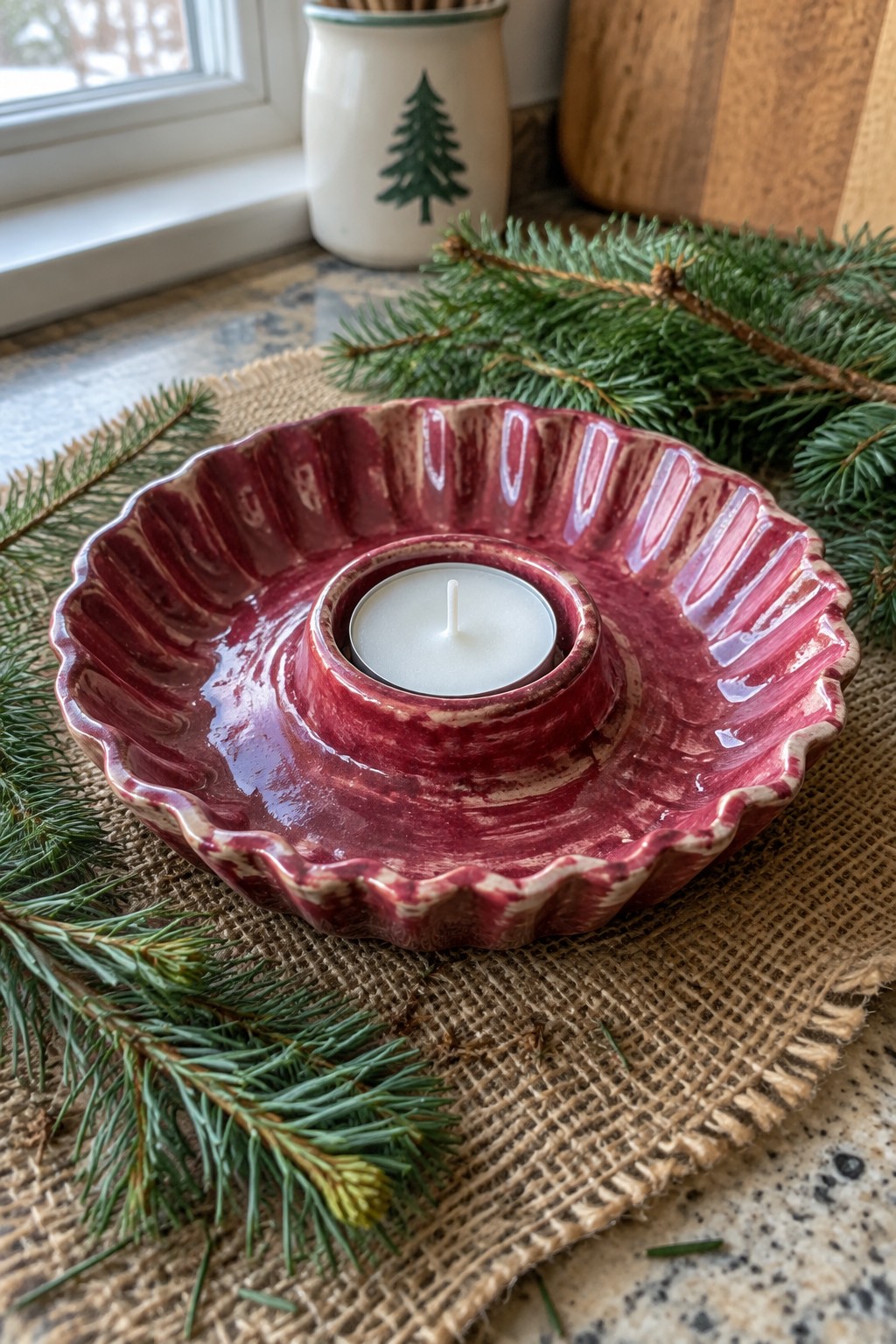 Red ceramic scalloped bowl with white tea light candle on burlap amid pine branches